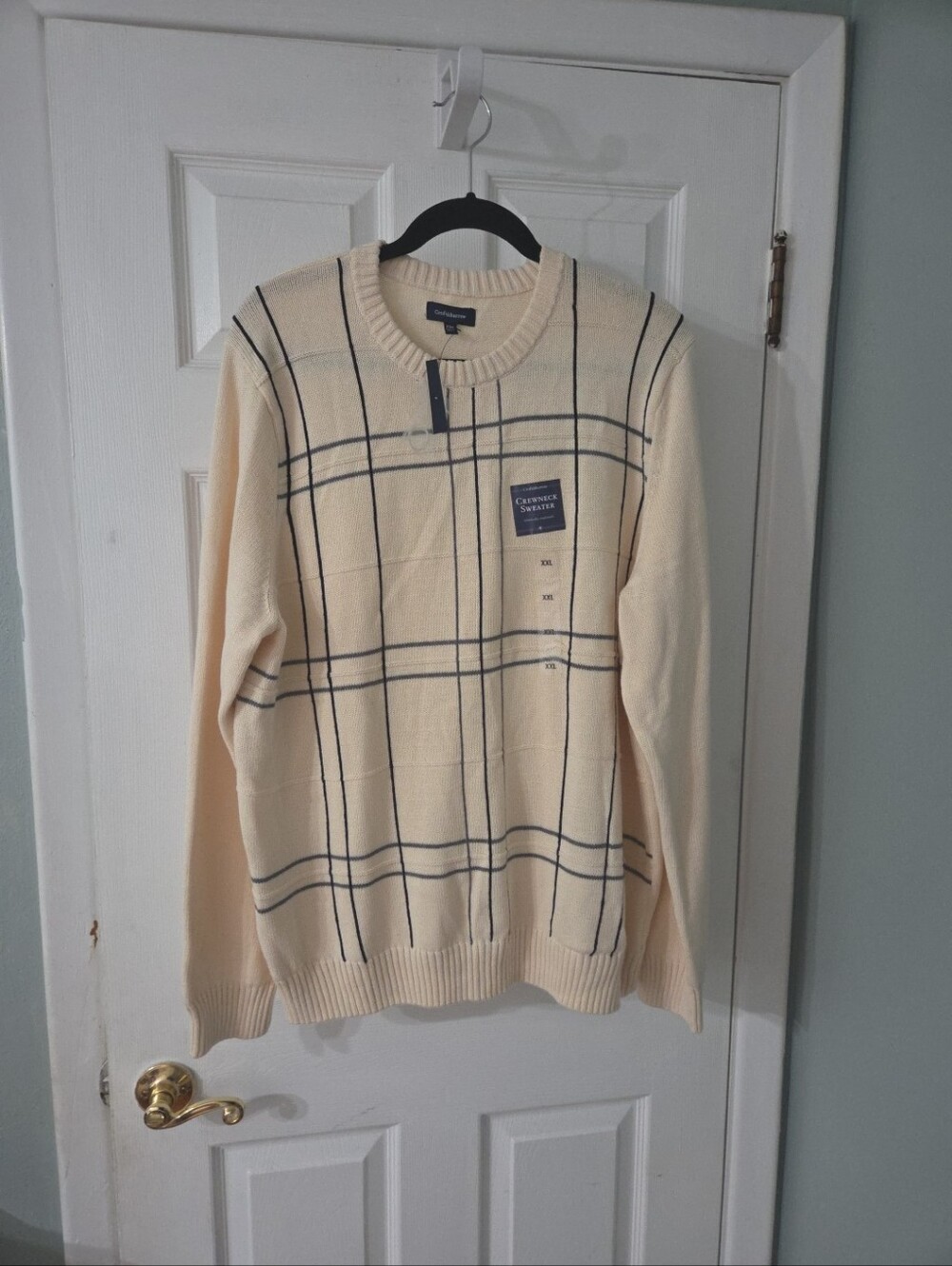 croft & barrow Cream Crewneck Sweater with Navy Windowpane. XXL.  NWT